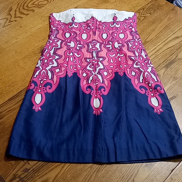 LILLY PULITZER Womens Dress 2 SHORT NAVY BLUE Pink Preowned Strapless Floral - Picture 3 of 10